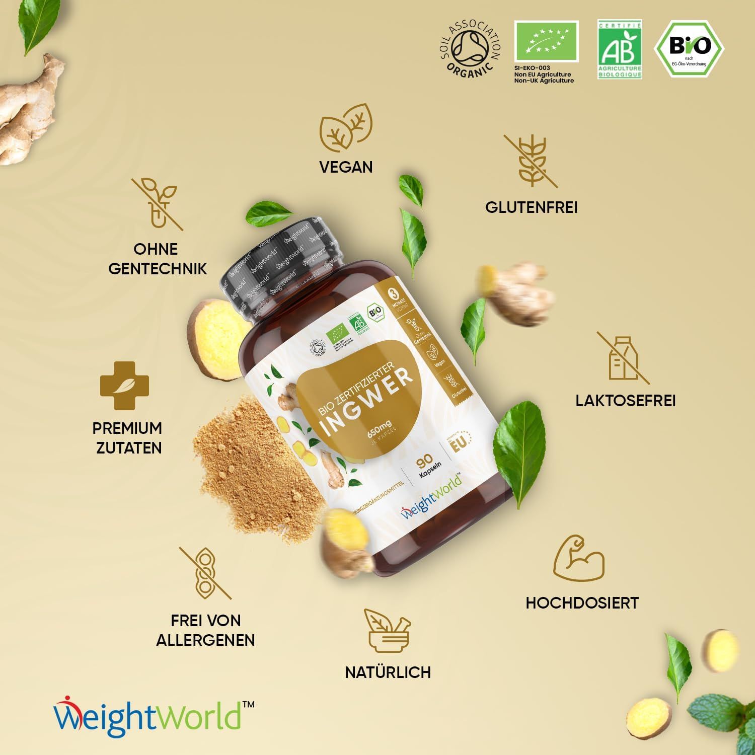 WeightWorld biologische gembercapsules: vegan, glutenvrij, lactosevrij, zonder gentech, premium ingrediënten.