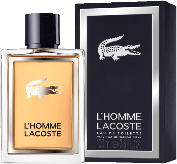 Fles en verpakking van L'Homme Lacoste. Rechthoekige fles met gouden inhoud en krokodillenlogo. Zwarte verpakking.
