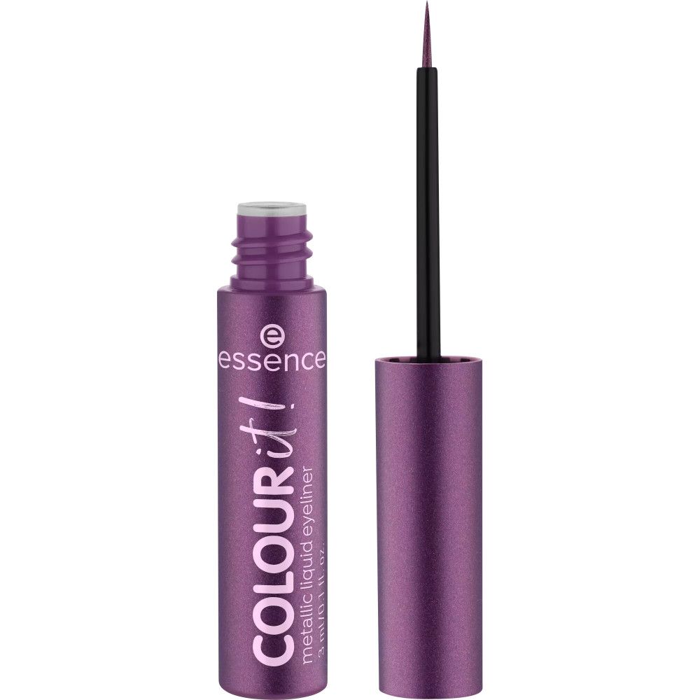 Flacon d'eyeliner liquide violet avec applicateur noir. Nom du produit : Colour it! Metallic Liquid Eyeliner. Marque : essence.