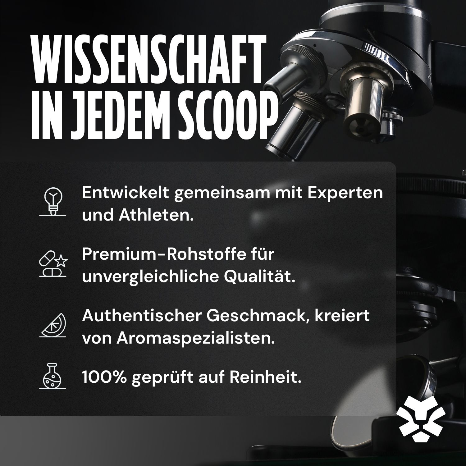 Microscope. Texte : « WISSENSCHAFT IN JEDEM SCOOP ». Énumération : experts, matières premières premium, goût authentique, pureté.