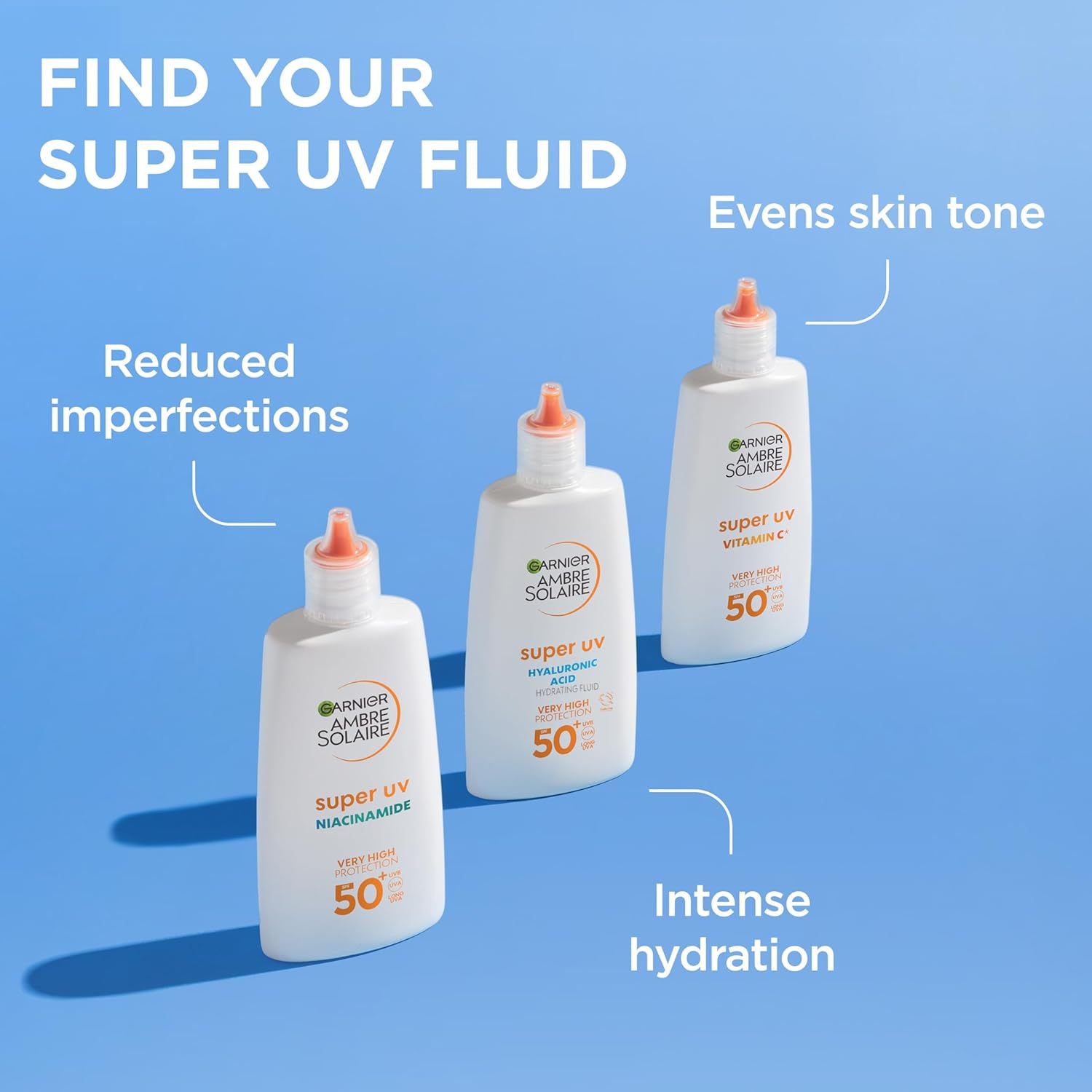 Trois flacons Garnier Ambre Solaire Super UV. Texte: Réduit les imperfections, unifie le teint, hydratation intense.