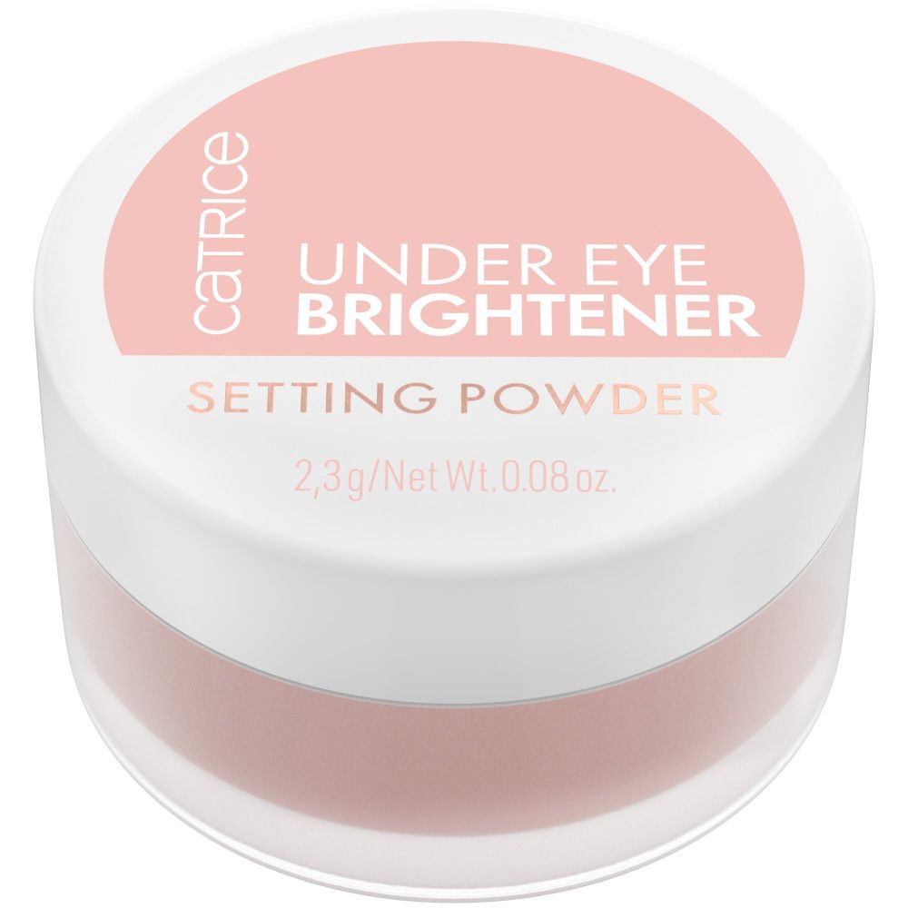 Pot rond blanc avec couvercle rose. Inscription : Catrice Under Eye Brightener Setting Powder.