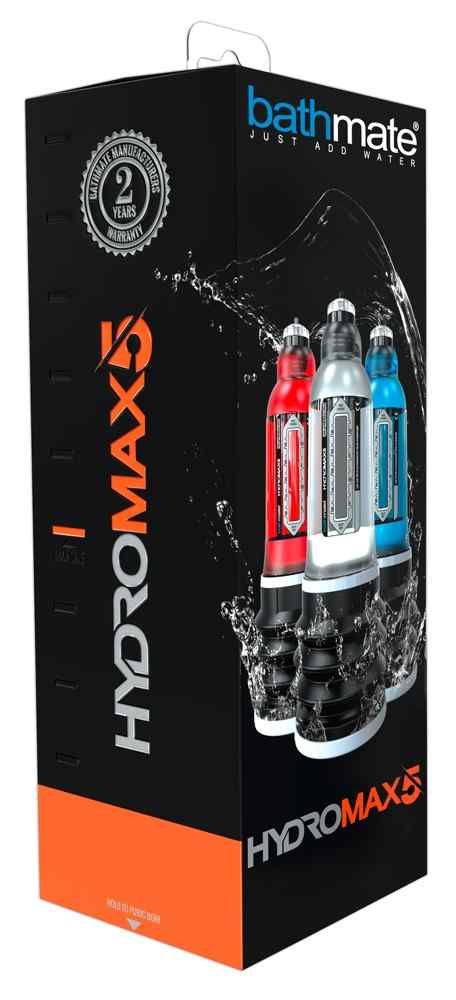 Verpakking van de Bathmate Hydromax5 met drie apparaten in rood, zilver en blauw.