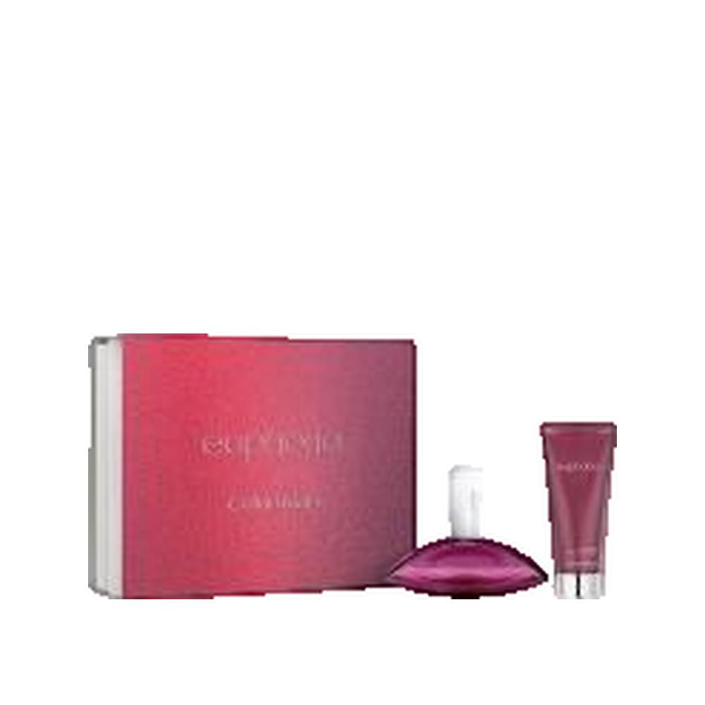 Cosmeticaset met verpakking, fles en tube. Opschrift "Euphoria" en "Calvin Klein". Kleurverloop van rood naar roze.