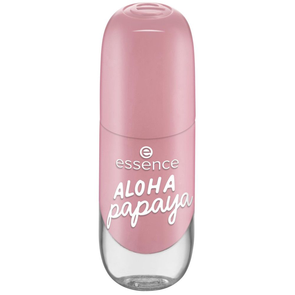 Flacon de vernis à ongles avec bouchon fermé. Vernis à ongles rose avec inscription blanche "ALOHA papaya". Marque : Essence.