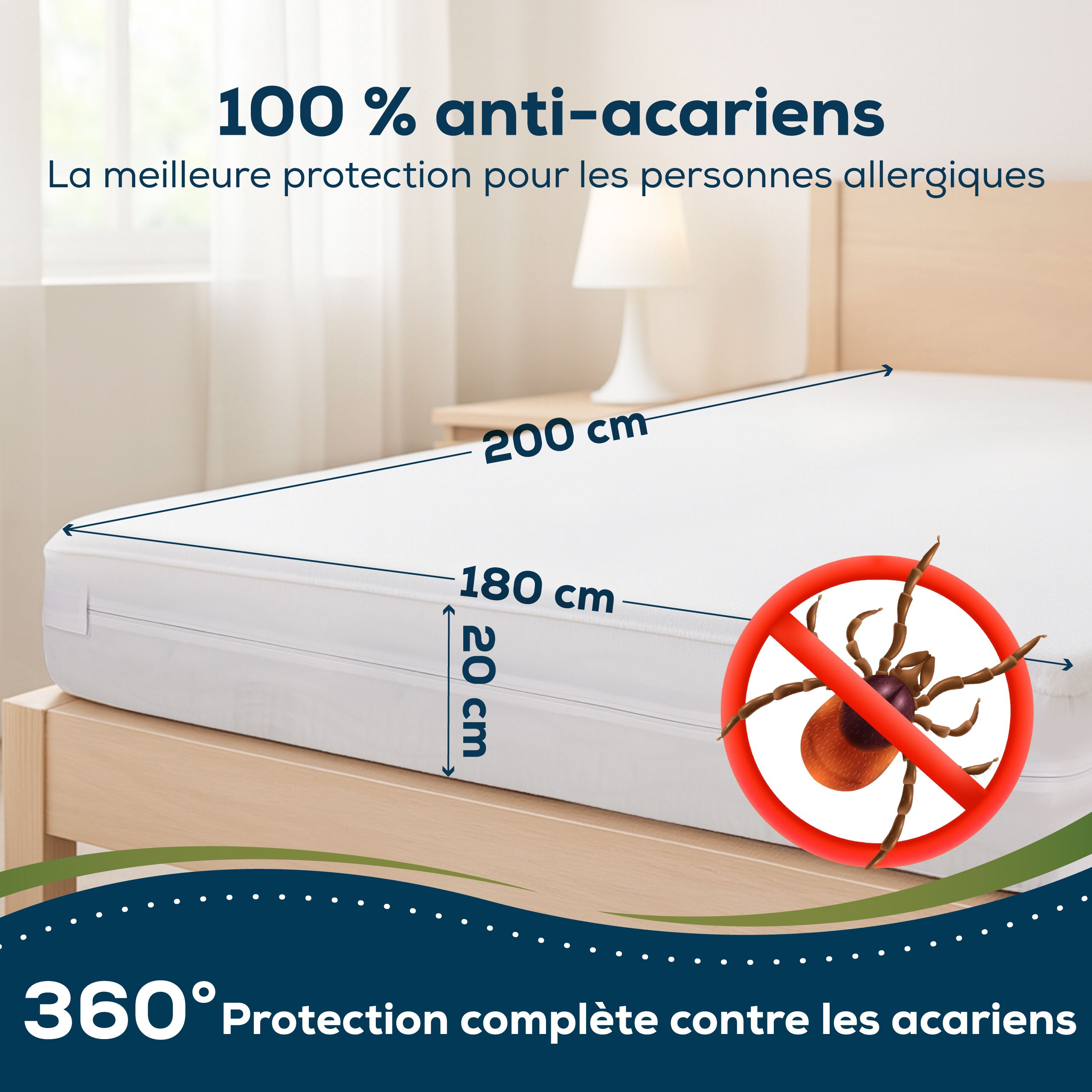 Protège-matelas blanc de 200x180x20 cm. Indique un panneau d'interdiction des acariens.