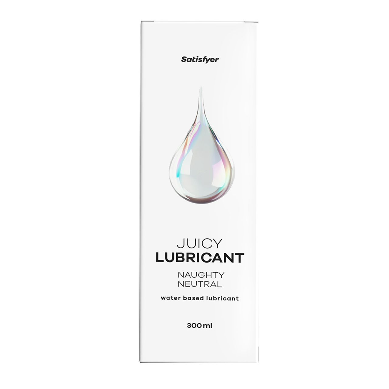 Emballage blanc avec illustration de goutte. Inscriptions: Satisfyer, Juicy Lubricant, Naughty Neutral, à base d'eau. Volume: 300 ml.