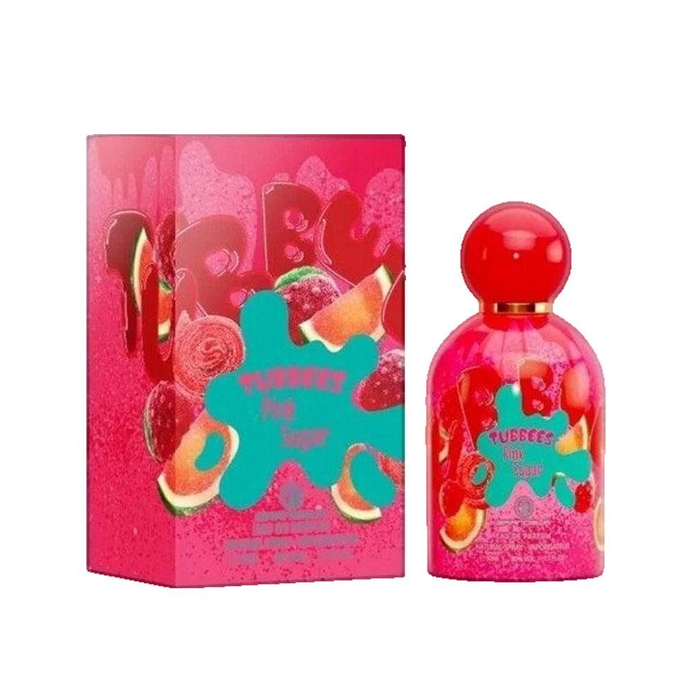 Flacon et boîte roses. Inscription: TUBBEES Pink Sugar. Motifs fruités. Bouchon rouge.