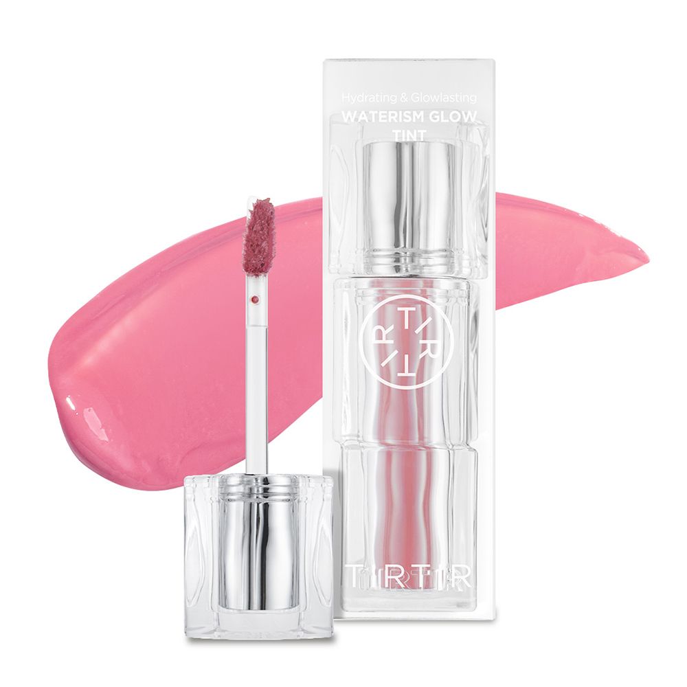 TIRTIR Waterism Glow Tint rouge à lèvres dans un emballage transparent avec applicateur argenté et couleur rose.