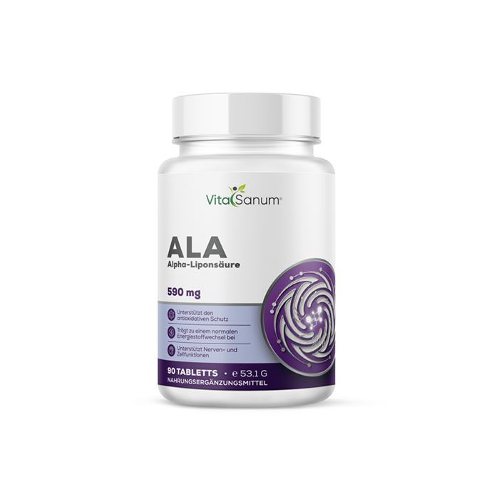 Flacon blanc VitaSanum®-ALA. Inscription : ALA Alpha-Liponsäure, 590 mg. Design violet. 90 comprimés. Complément alimentaire.