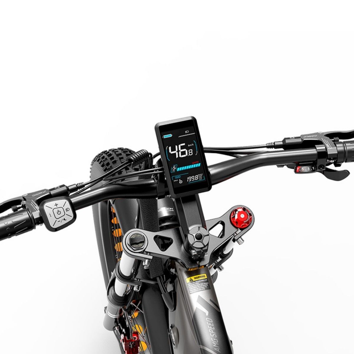 Close-up van het stuur van een elektrische mountainbike. Digitaal display, bedieningselementen, rood achterlicht.