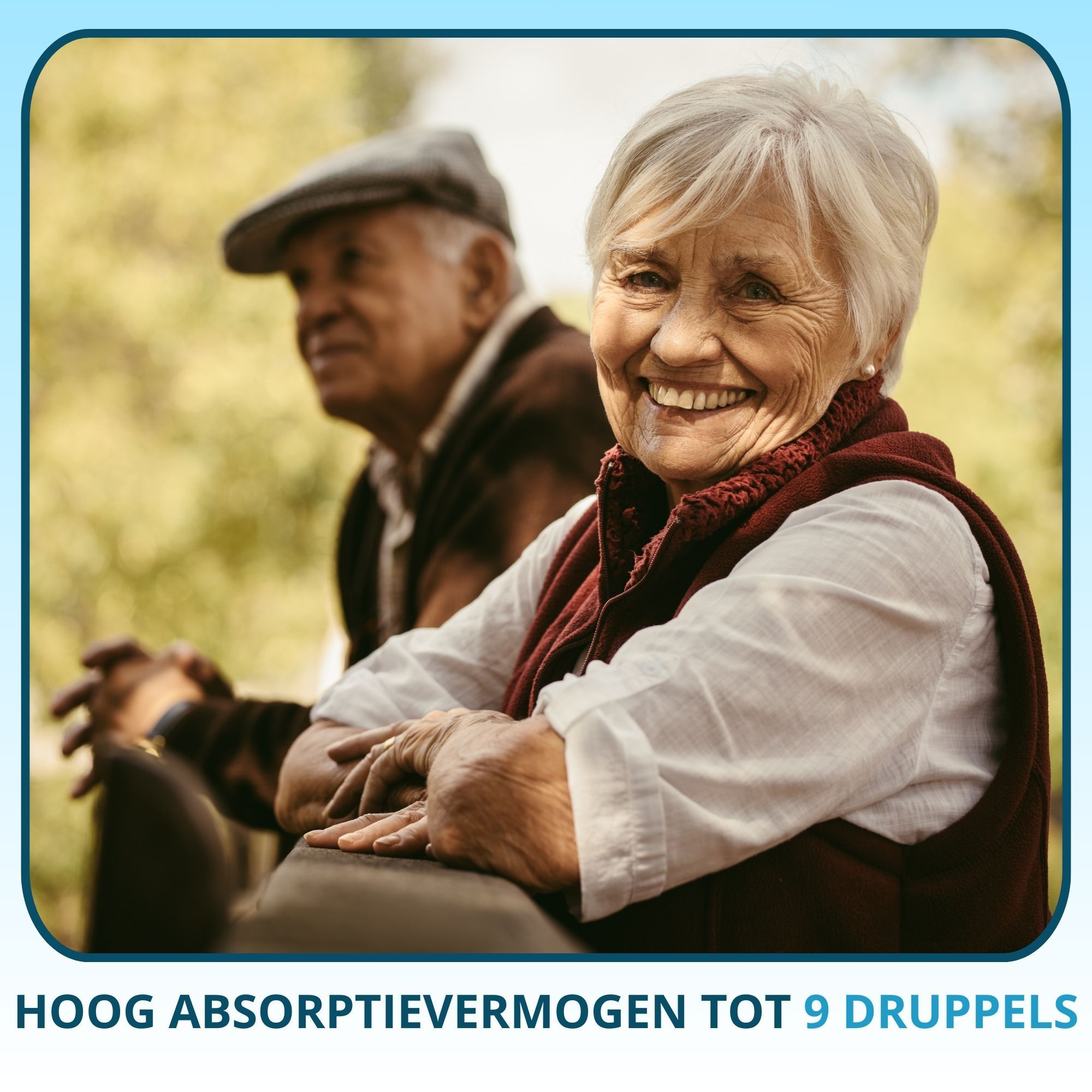 Oudere vrouw lacht. Tekst: Hoog absorptievermogen tot 9 druppels. Achtergrond: wazig park.