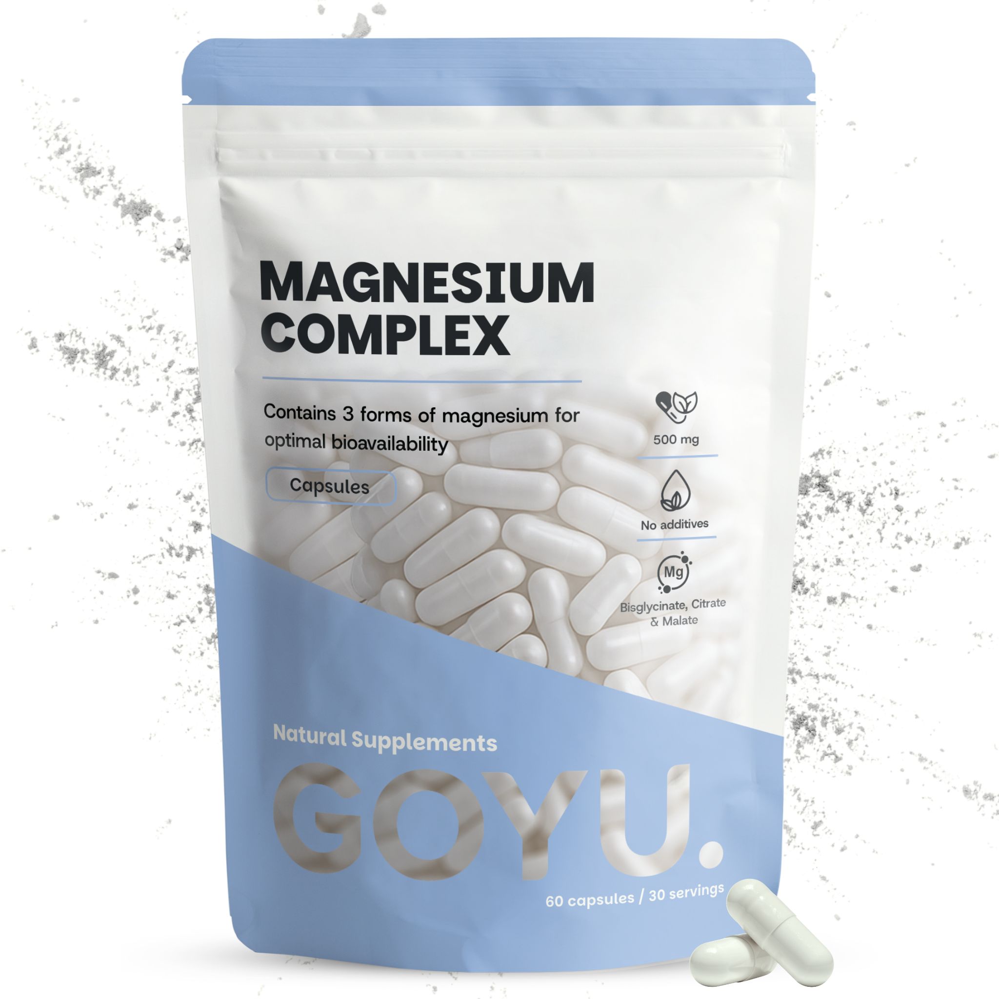 Verpakking met Magnesium Complex capsules, 500 mg, 60 capsules.