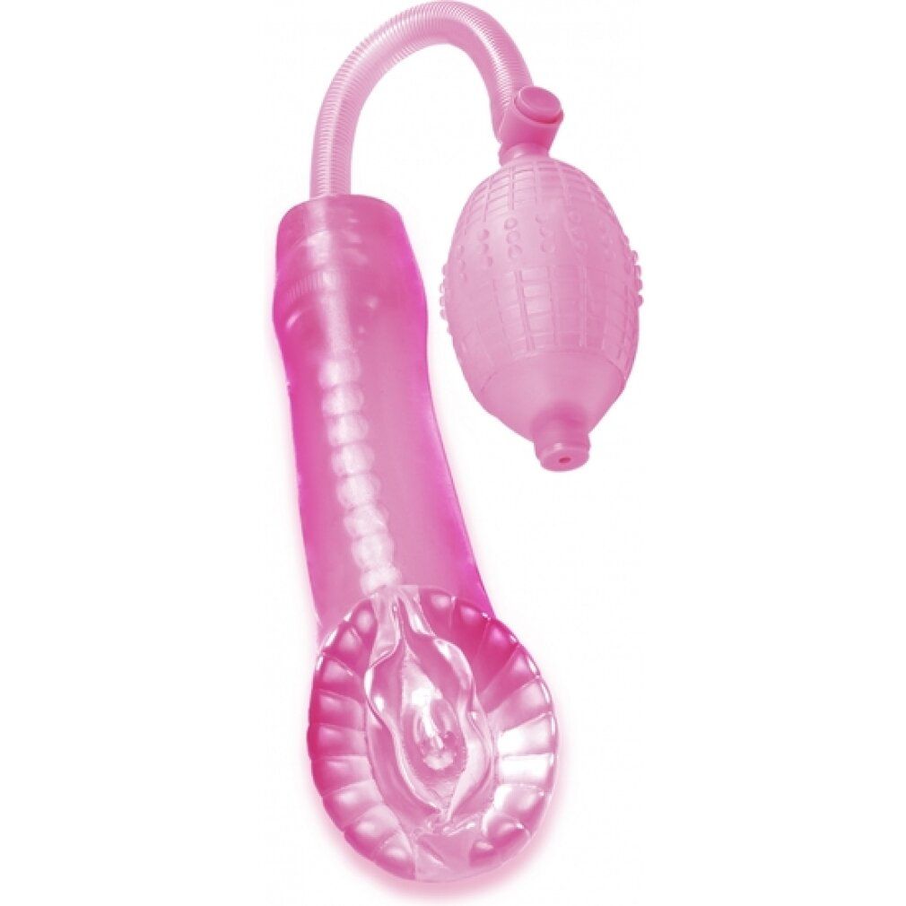 Roze penis pomp met vagina-look, pomp en slang. Productaanzicht.