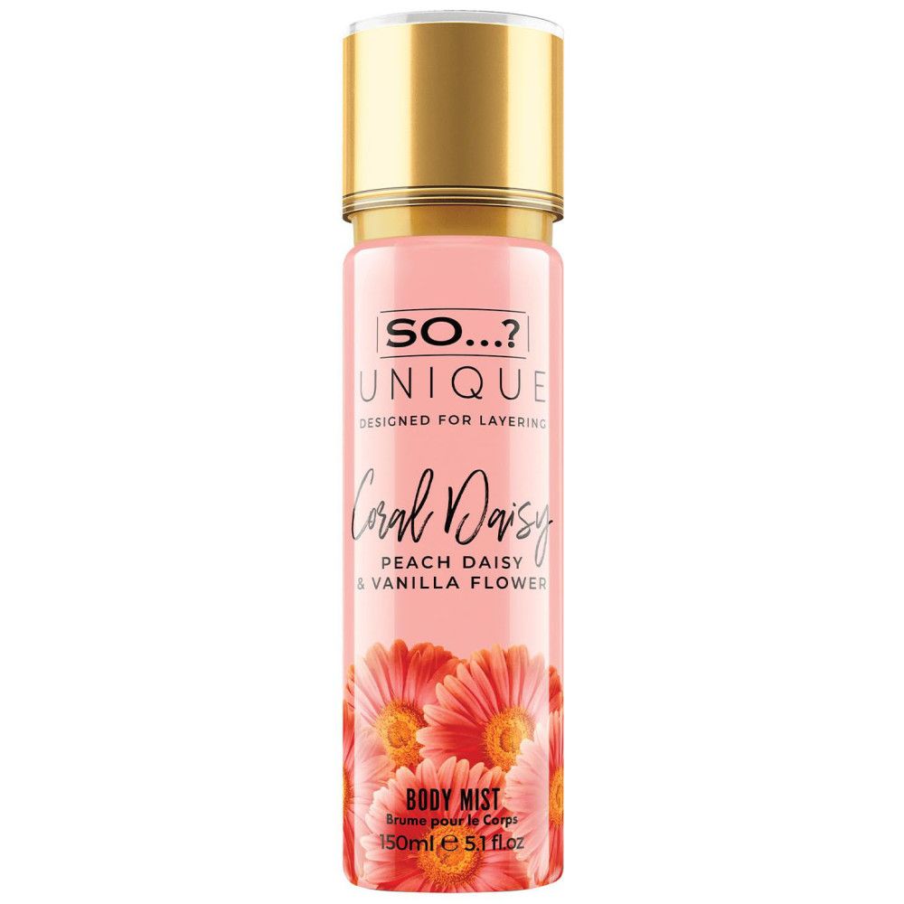 Vaporisateur corporel rose et bouchon doré. Inscription: SO...? UNIQUE, Coral Daisy, Peach Daisy & Vanilla Flower. Motif floral.