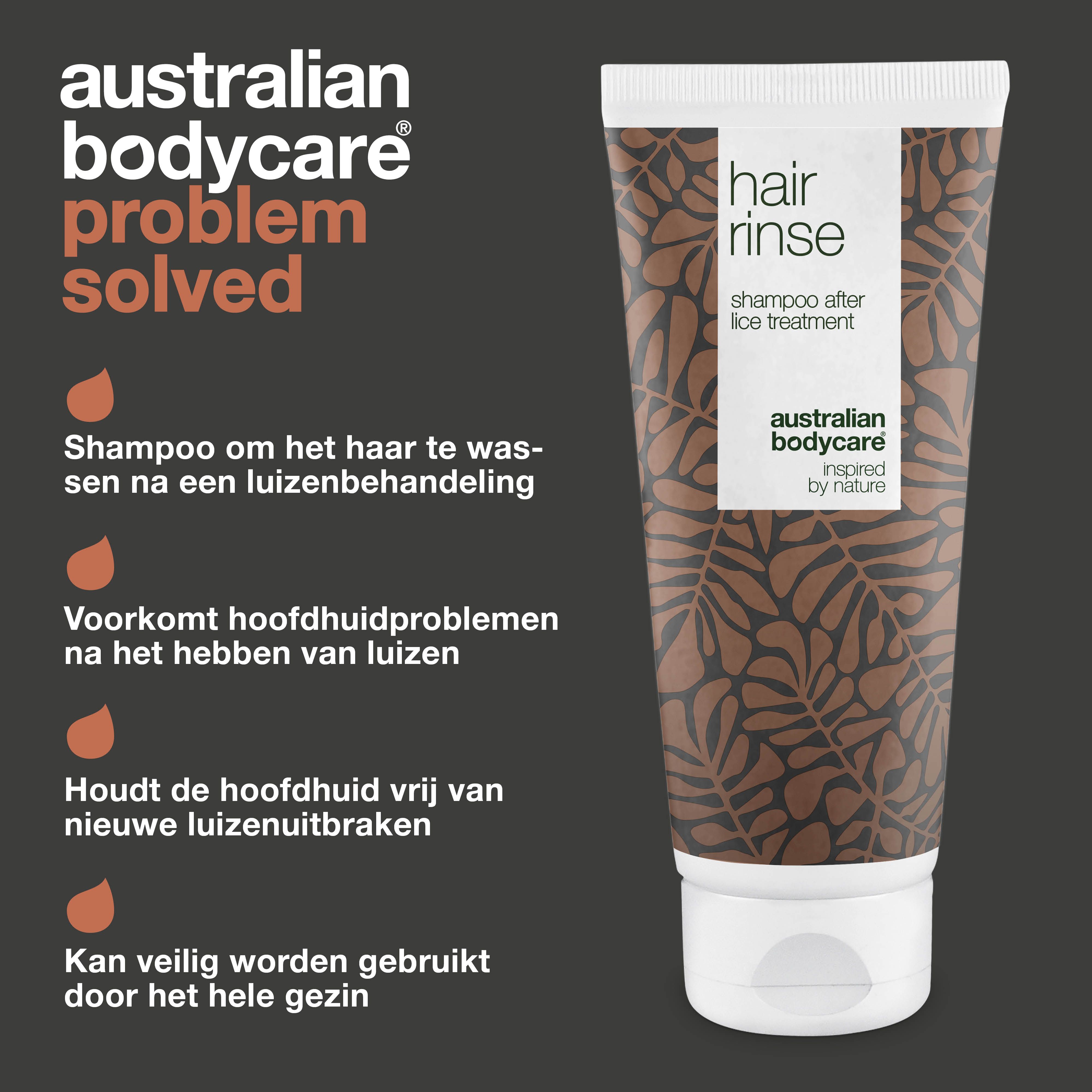Shampoo tube. Tekst: Hair Rinse, Australian Bodycare. Problem solved. Tekst: Shampoo om het haar te wassen na een luizenbehandeling.