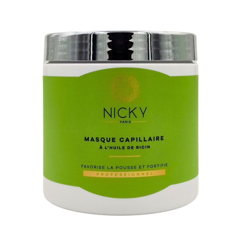 Ronde pot, groen etiket. Opschrift: Nicky Paris, Masque Capillaire à l'huile de ricin. Professionnel.