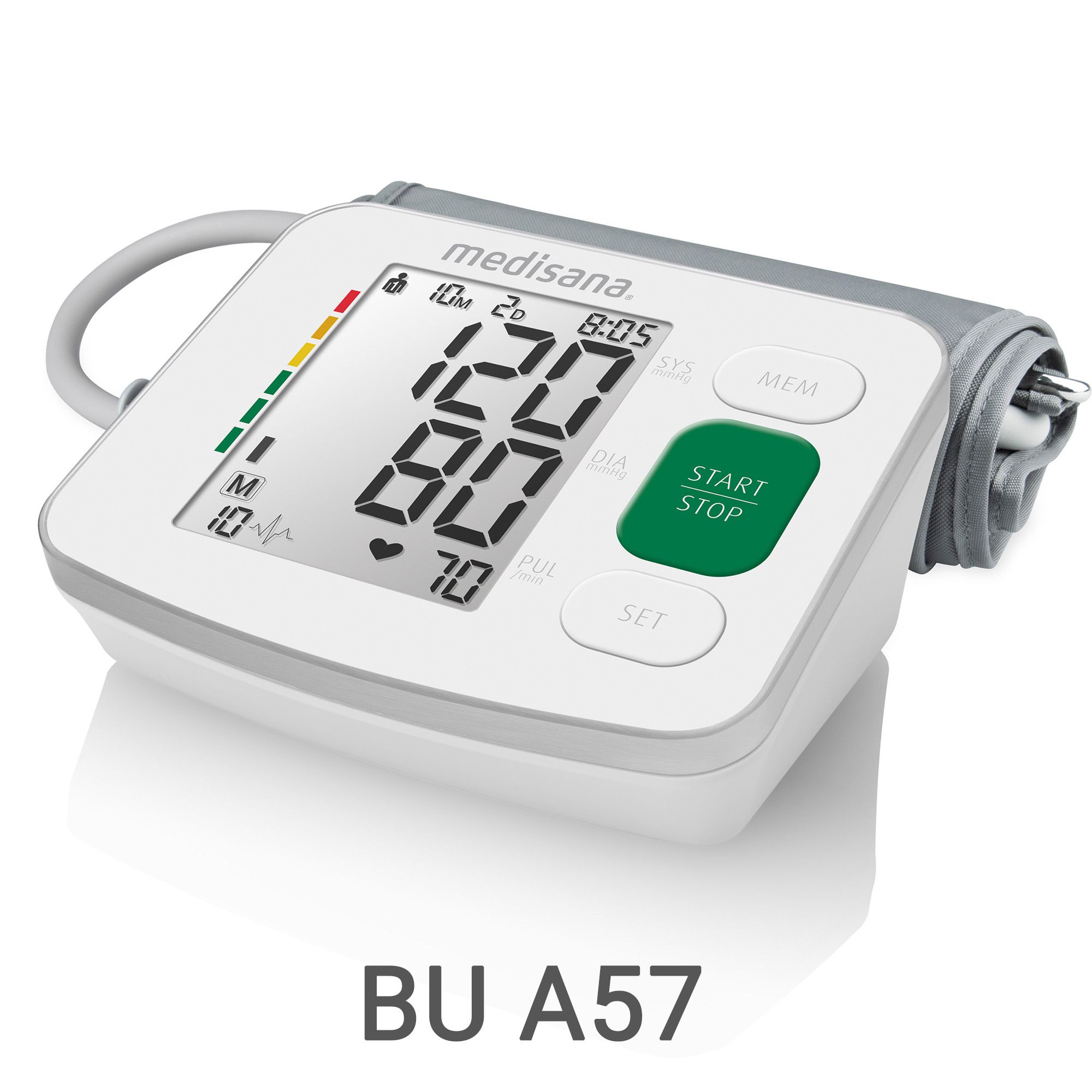 Medisana bloeddrukmeter BU A57 met digitaal display voor systolische en diastolische bloeddruk en pols.
