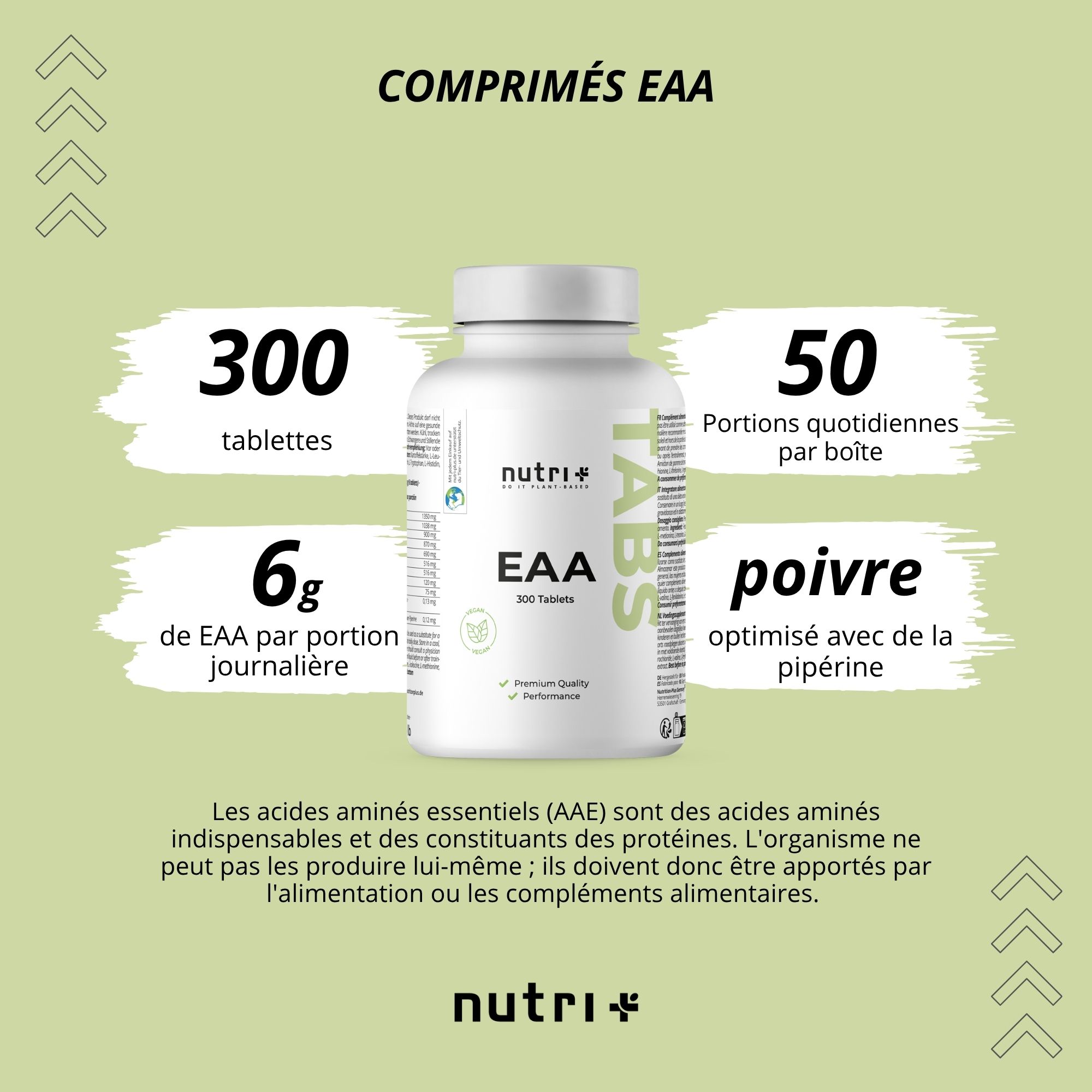 Deux comprimés blancs. Inscription: COMPRIMÉS EAA. Label végétalien. Sans colorants, soja, gluten, lactose, OGM.