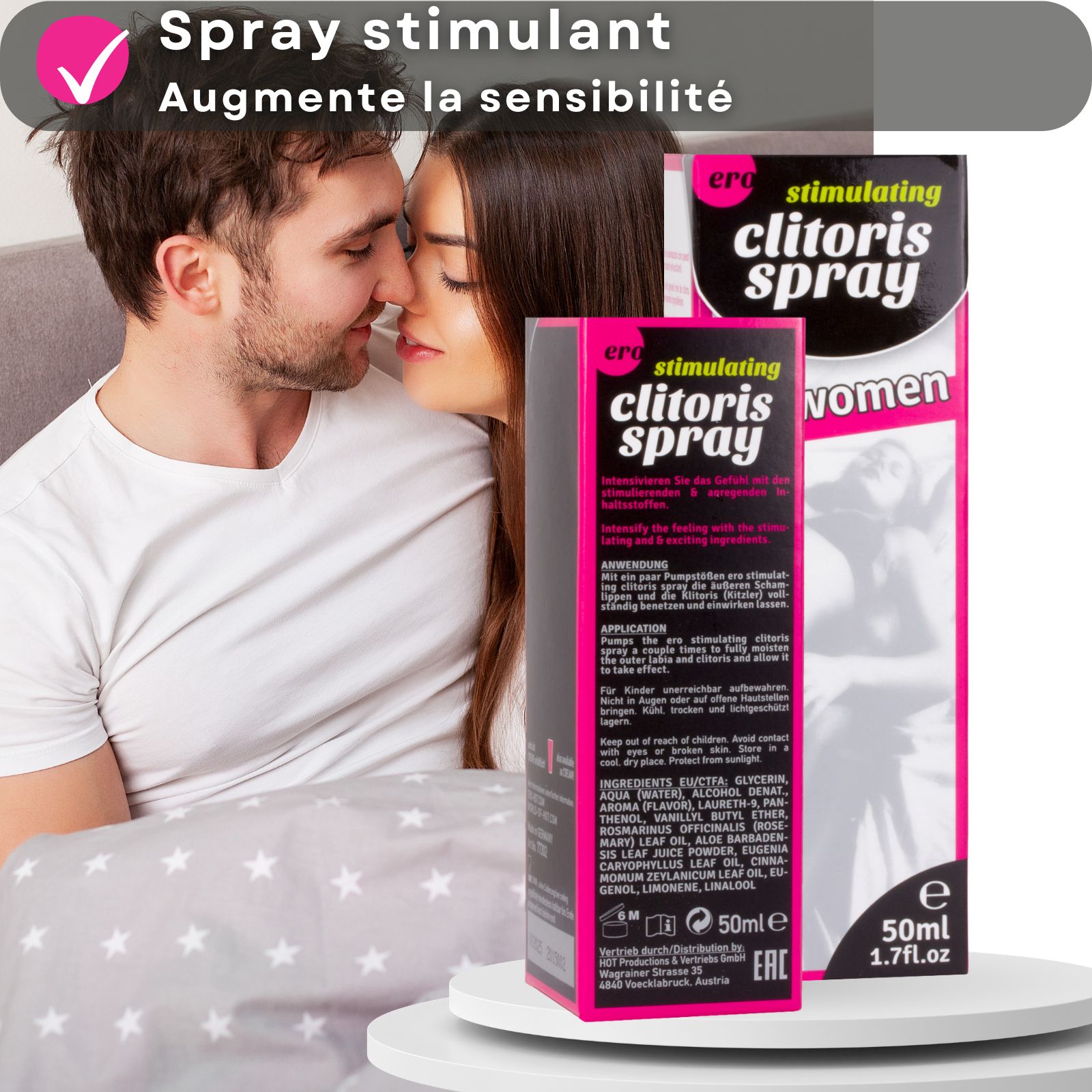 Flacon et emballage du produit. Couple au lit. Texte avec les avantages du produit.