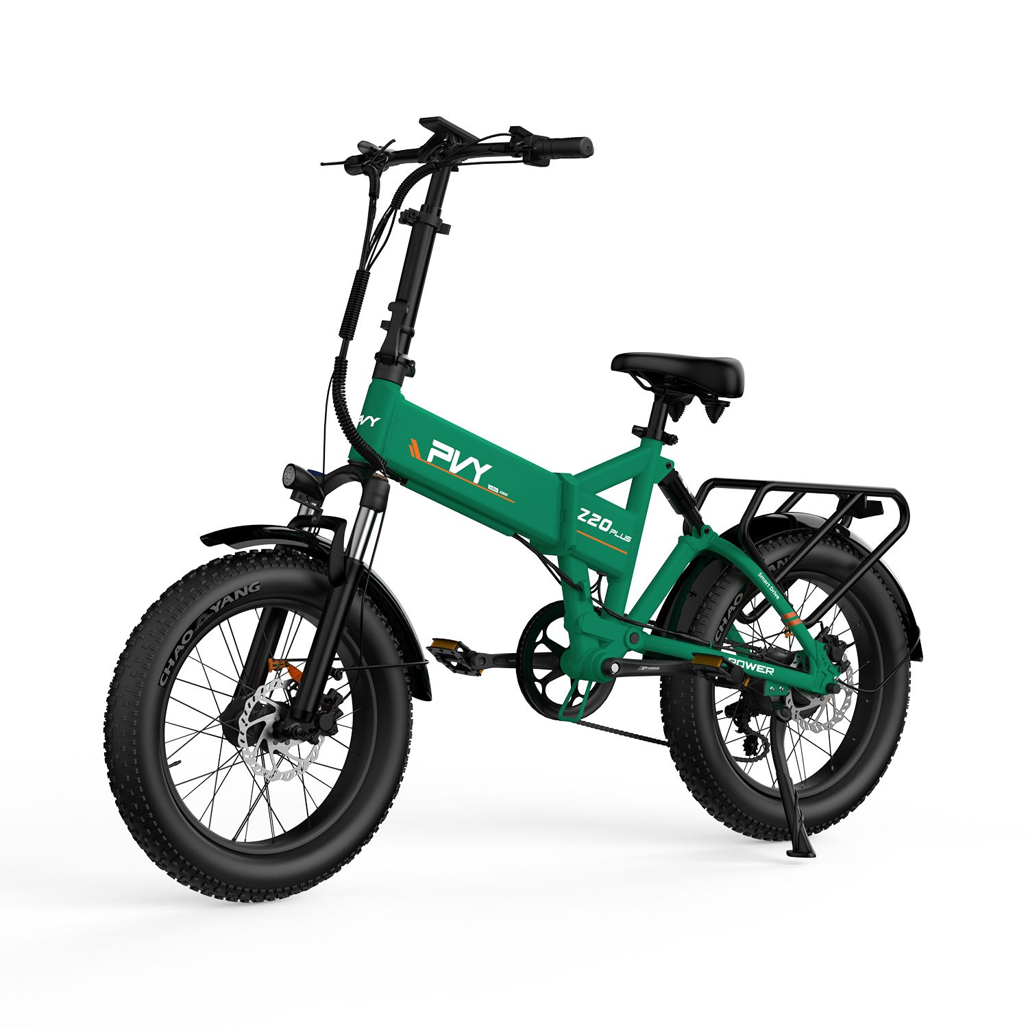 Groene PVY Z20 Plus e-bike met drievoudige vering. Zwarte banden, bagagerek en zadel. Zichtbare opschriften.