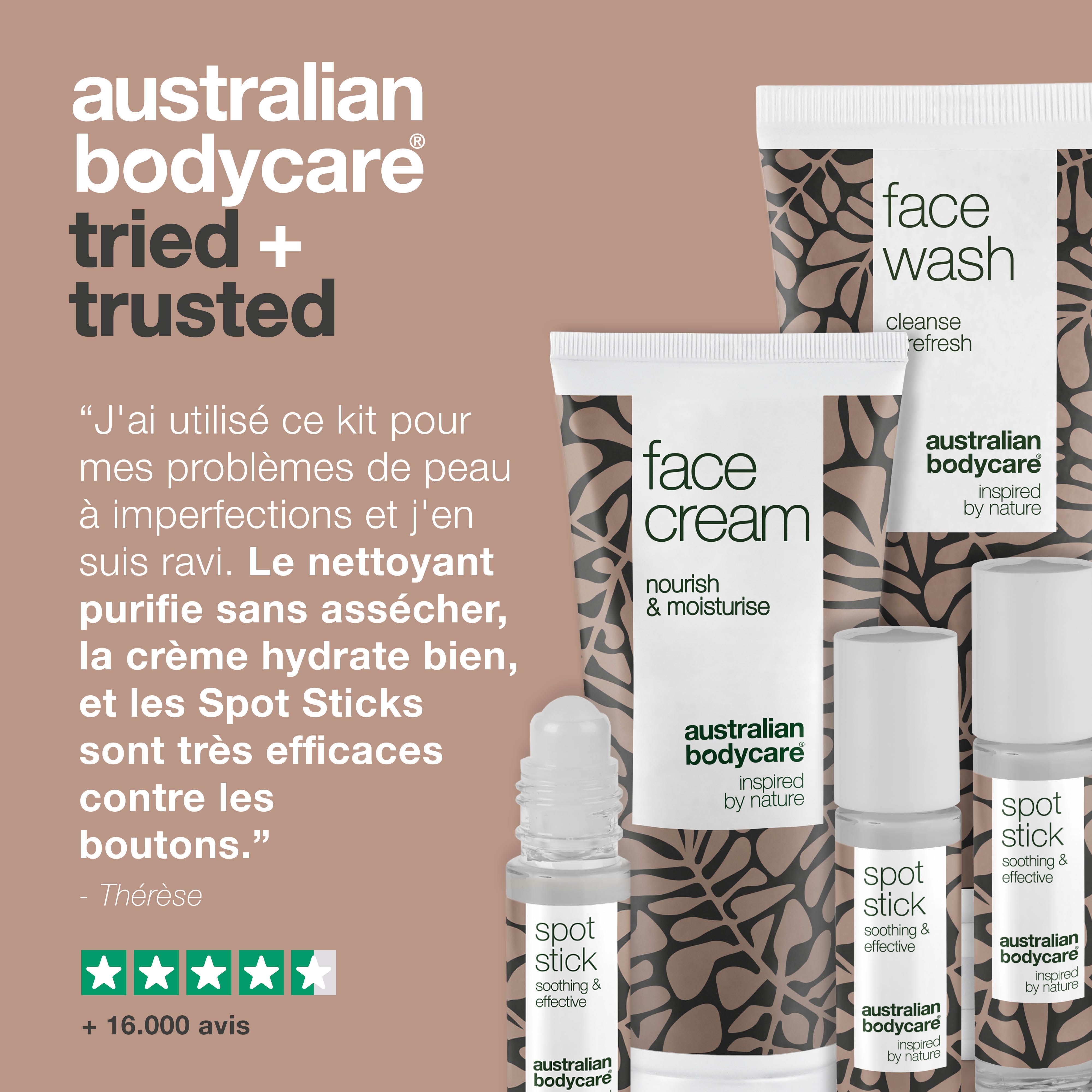 Produits : Face Wash, Face Cream, Spot Stick. Citation et avis de clients.