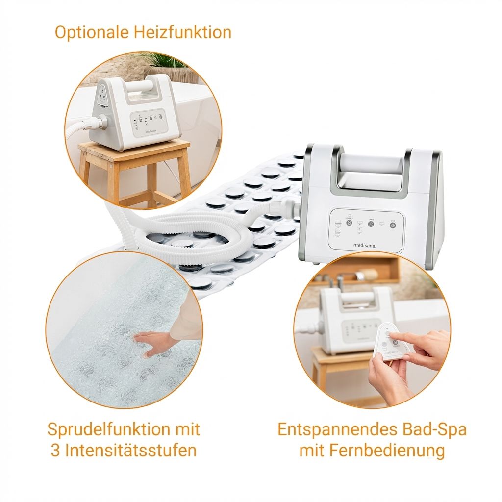 Bubbelbadset met mat en apparaat, detailweergaven: verwarmingsfunctie, bubbelintensiteit, afstandsbediening.