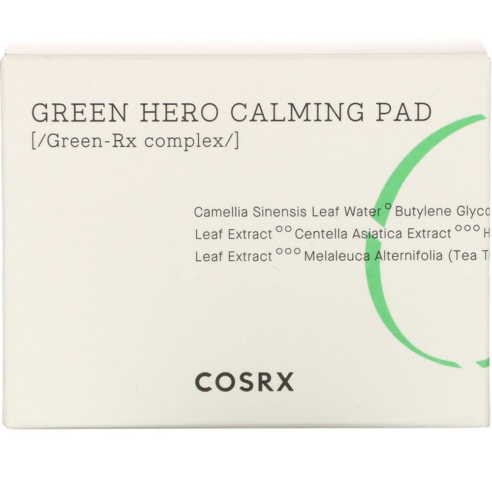 COSRX Green Hero Calming Pad : Emballage blanc avec accents verts et informations sur le produit.