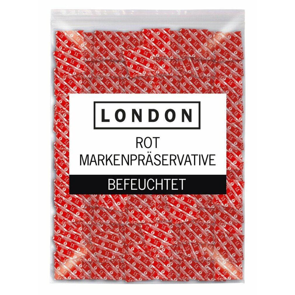 Verpakking met veel rode condoomverpakkingen. Opschrift: LONDON ROT MARKENPRÄSERVATIVE BEFEUCHTET.