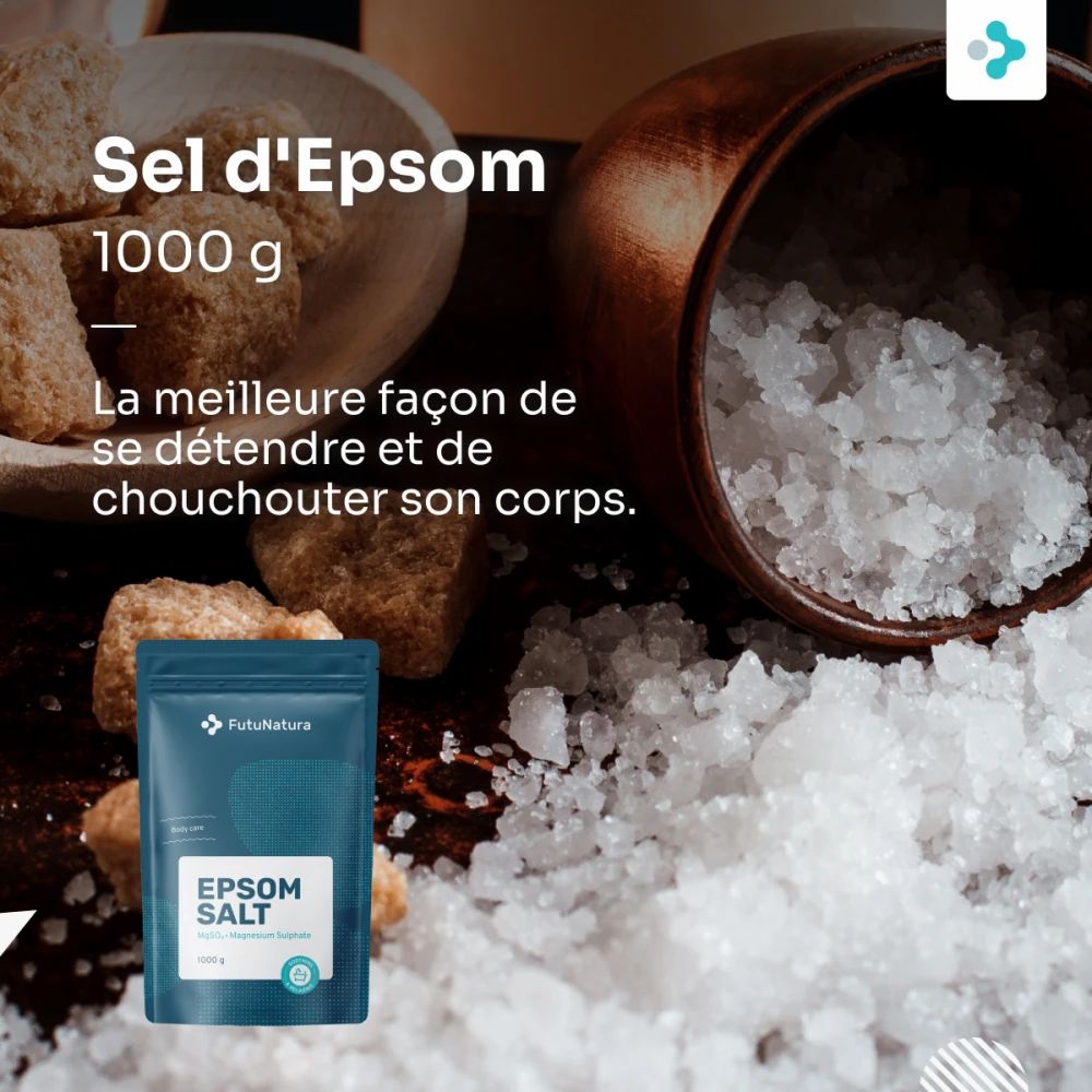 Emballage de sel d'Epsom à côté de sel en bol et pâtisseries. Texte: Sel d'Epsom, 1000 g. Marque: FutuNatura. Texte: La meilleure façon de se détendre et de chouchouter son corps.