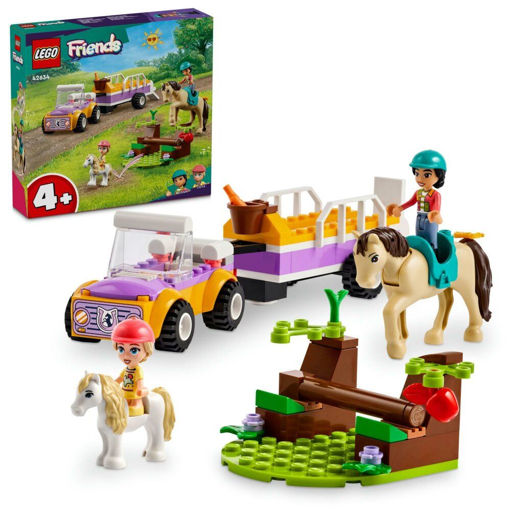 Ensemble LEGO Friends avec voiture, remorque, chevaux, poney et figurines. Emballage en haut à gauche. Recommandé pour 4 ans et plus.