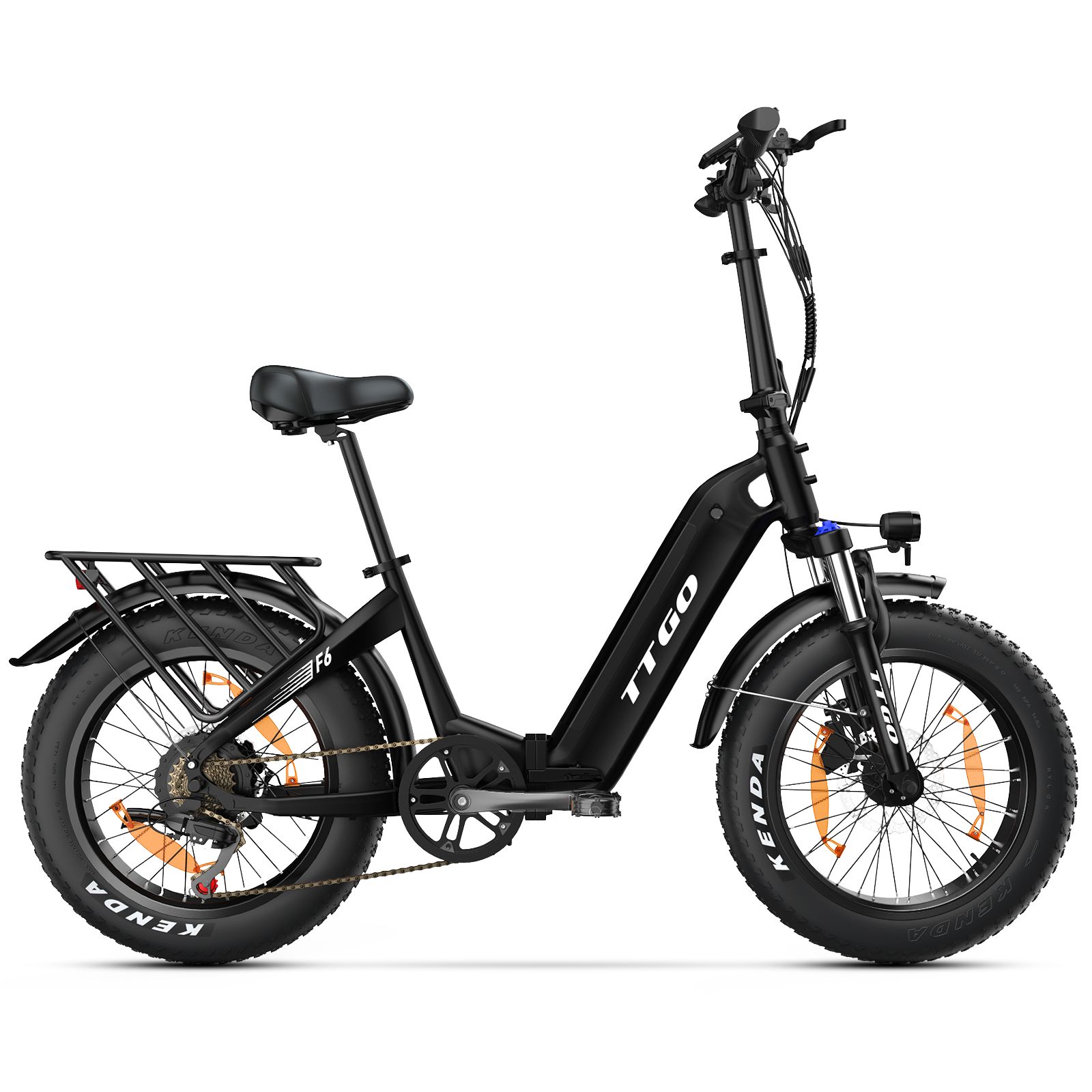 Vélo électrique pliable noir. Logo TTGO, pneus KENDA. Avec porte-bagages et garde-boue. Détails : selle, pédales, freins.