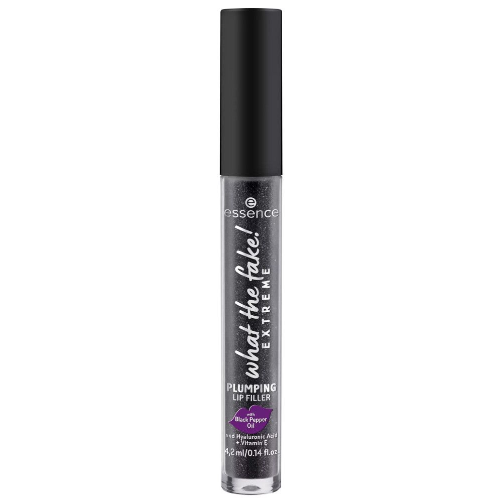 Tube de gloss noir. Inscription: What the fake! Extreme. Plumping Lip Filler. Avec acide hyaluronique et vitamine E. 4,2 ml.