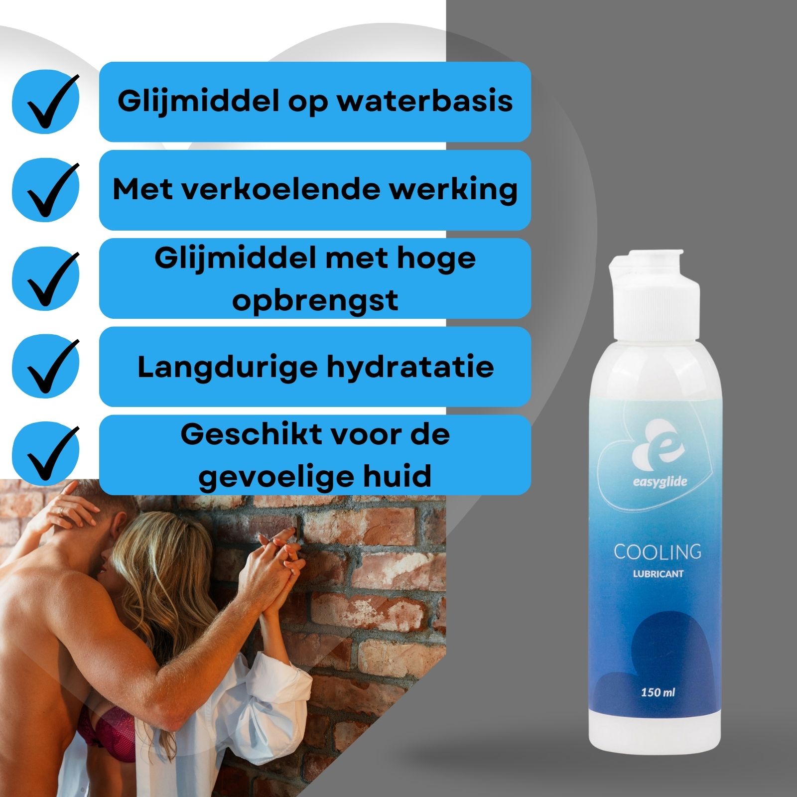 Fles met witte dop. Opschrift: Easyglide, Cooling Lubricant. Blauwe verlopen. 150 ml. Koppel omhelst elkaar.