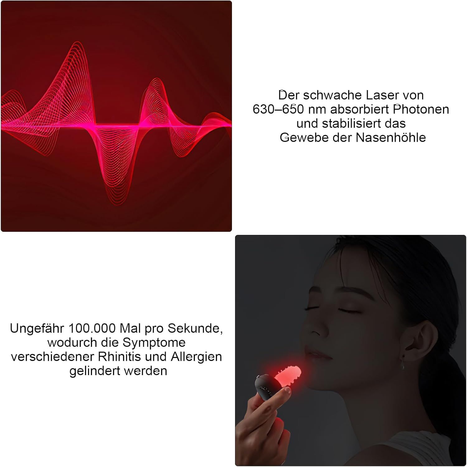 Twee afbeeldingen: Boven: Rode lichtgolven. Tekst: 630-650 nm absorbeert fotonen. Onder: Vrouw met apparaat in de neus. Tekst: 100.000 keer/seconde.