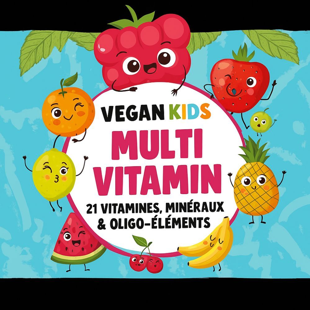 Illustration avec fruits et texte : « Vegan Kids Multi Vitamin ». 21 vitamines, minéraux et oligo-éléments.
