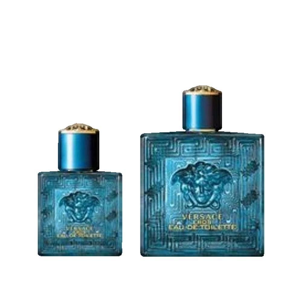 Deux flacons bleus. Forme carrée avec motif en relief et logo Méduse. Bouchon doré. Texte: Versace Eros Eau de Toilette.