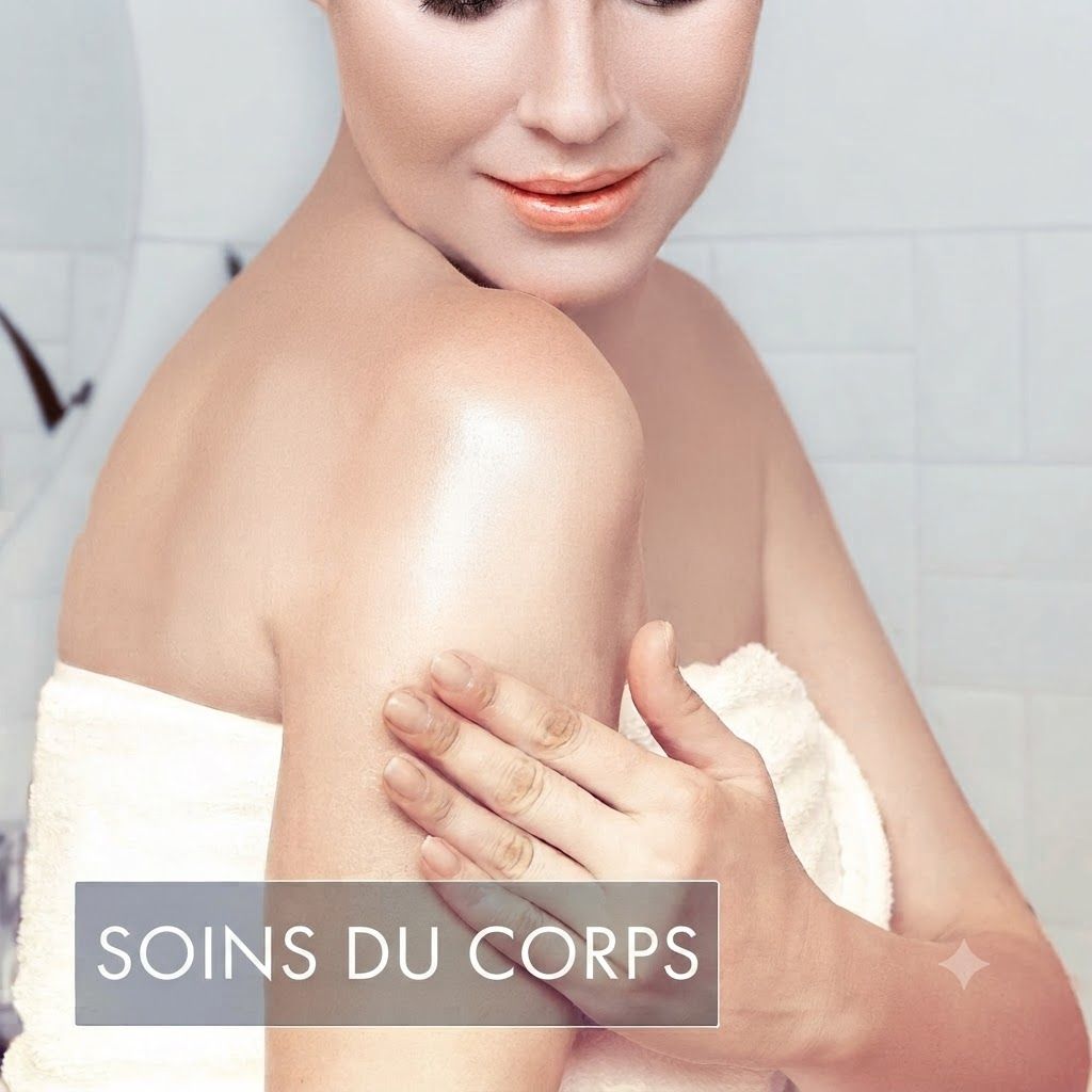 Femme avec main sur l'épaule, entourée d'une serviette. Texte : SOINS DU CORPS.