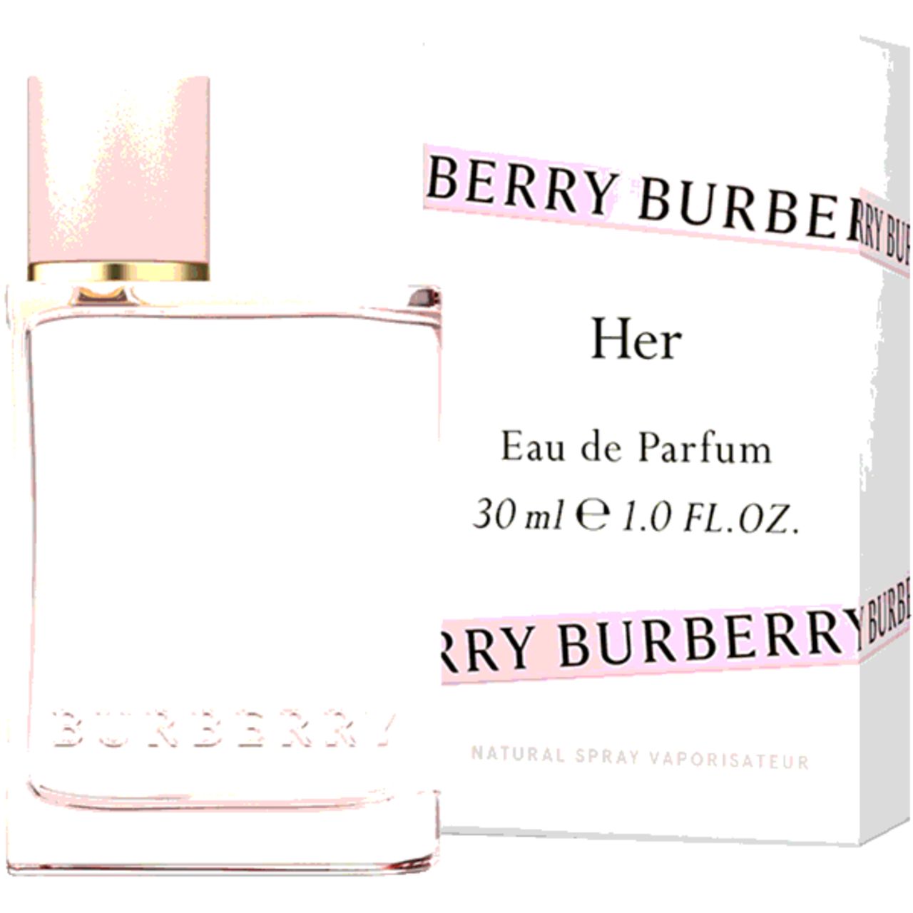 Flacon de parfum et emballage. Flacon carré, bouchon rose. Emballage blanc avec texte rose.