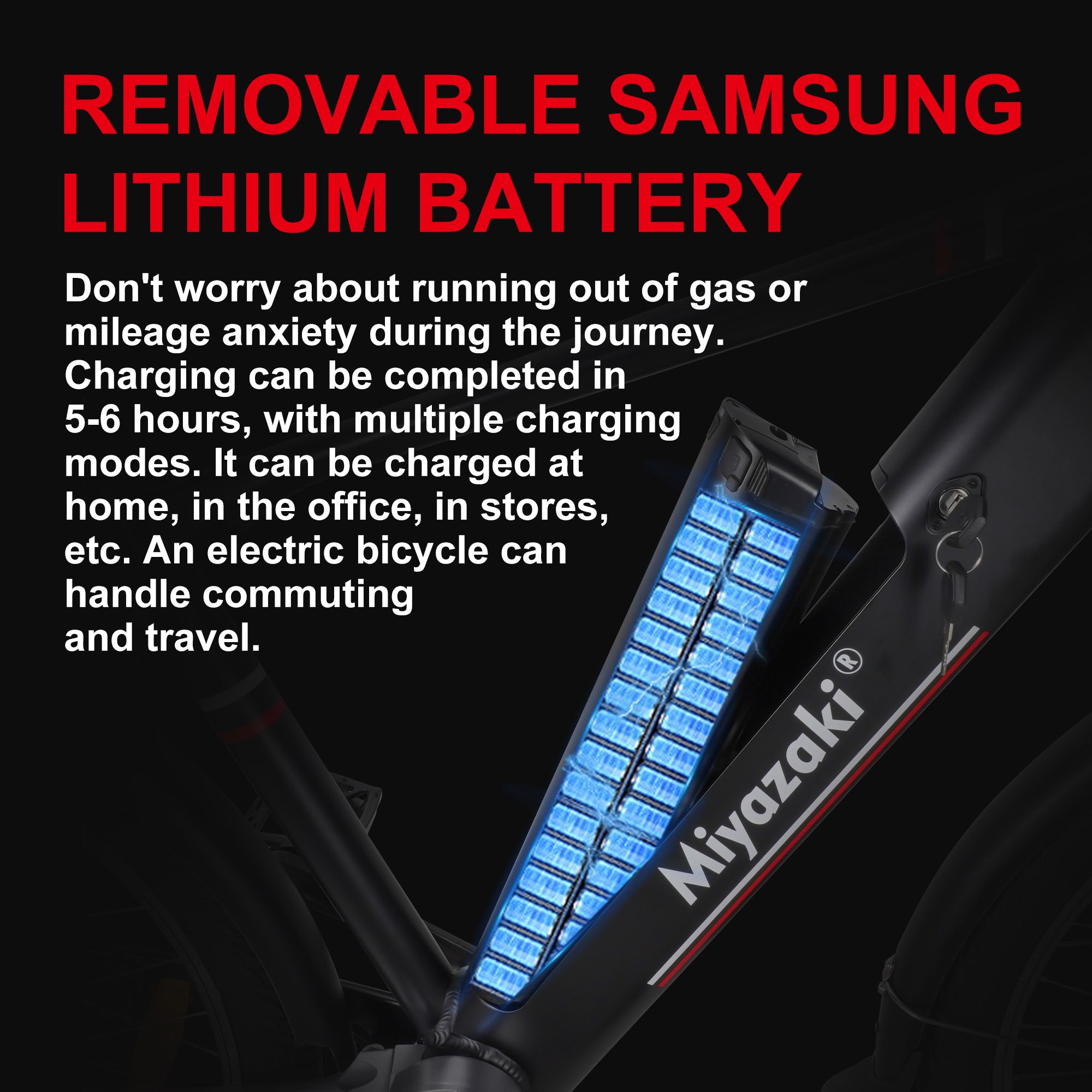 Gros plan sur la batterie d'un vélo électrique. Texte : batterie au lithium Samsung amovible, charge en 5-6 heures.