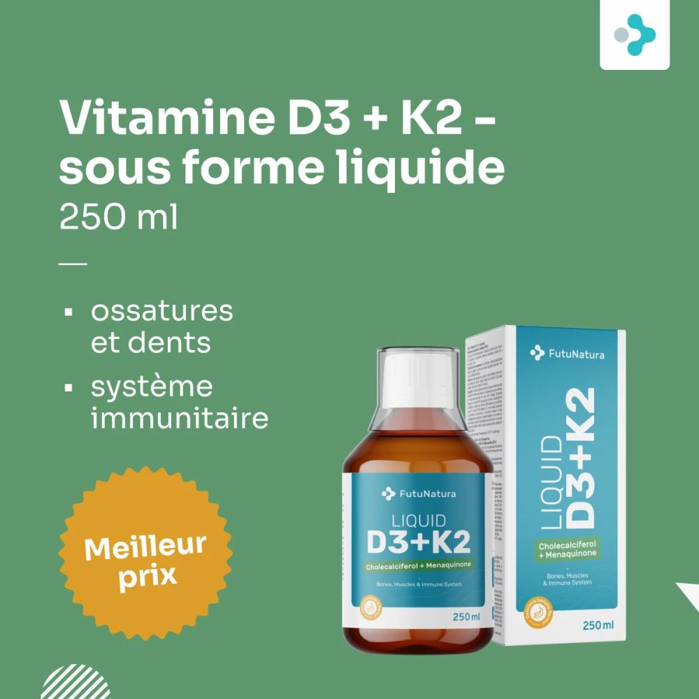 FutuNatura Liquid D3+K2 flacon et emballage. Texte: Vitamine D3 + K2 - liquide. Os, dents, système immunitaire. Meilleur prix.