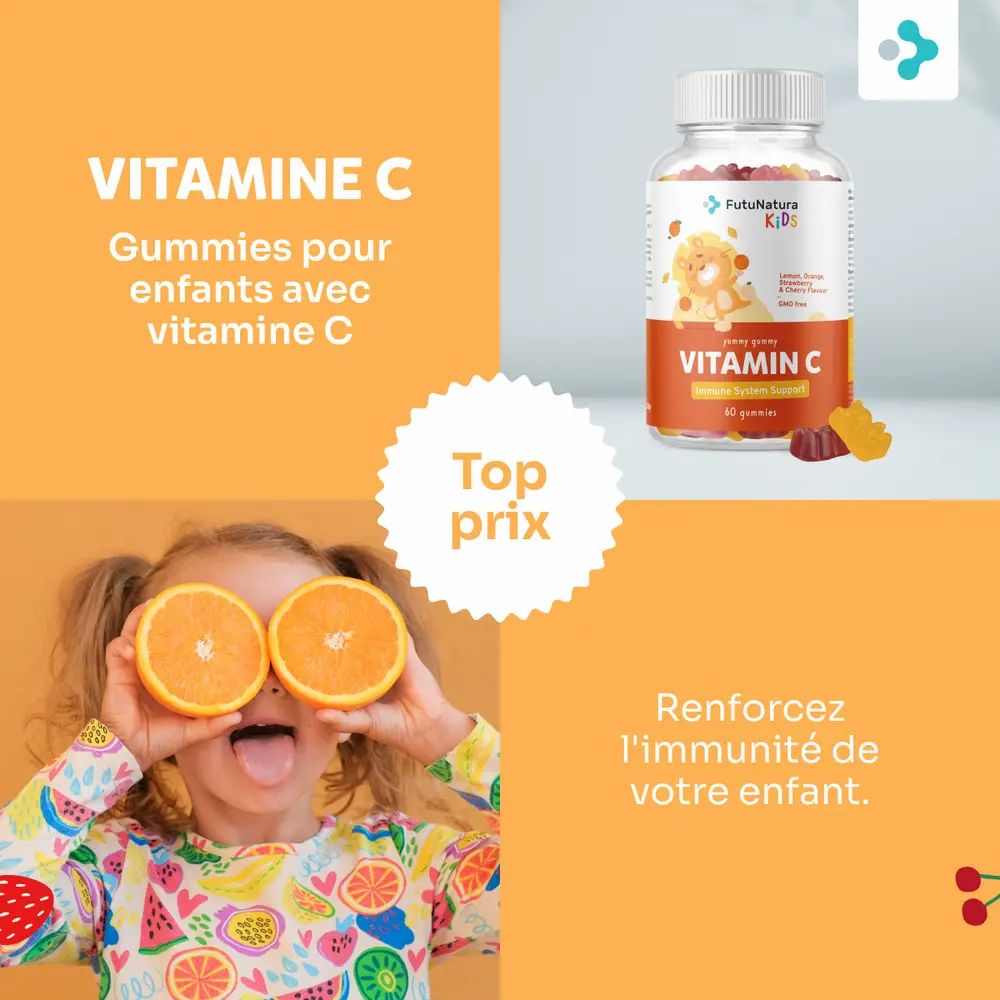 Enfant avec des oranges devant les yeux. Sur fond orange : flacon de gummies à la vitamine C, "Meilleur prix", "Renforcez l'immunité de votre enfant".