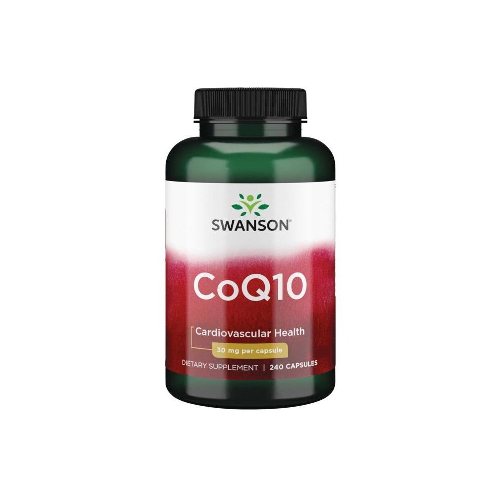 Groene en witte fles met zwarte dop. Opschrift: SWANSON, CoQ10, Cardiovascular Health, 30 mg per capsule, voedingssupplement, 240 capsules.