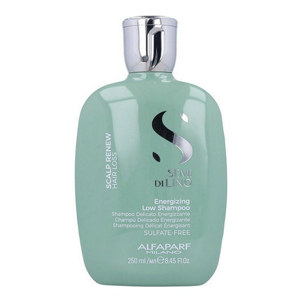 Lichtgroene fles met zilveren dop, opschrift "Semi di Lino Energizing Low Shampoo" en "Sulfate-Free".