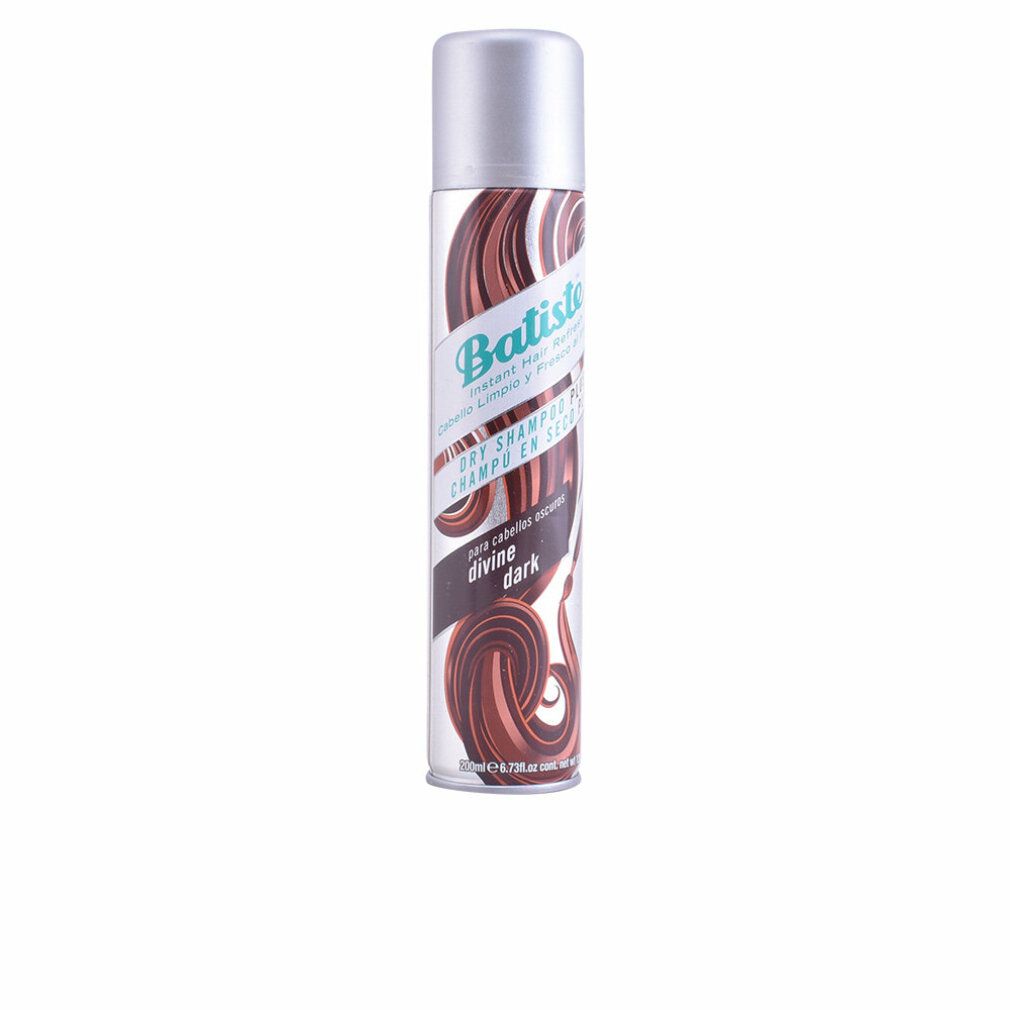 Batiste Dry Shampoo Plus Divine Dark. Bus met bruine krullen en tekst. Zilveren dop.