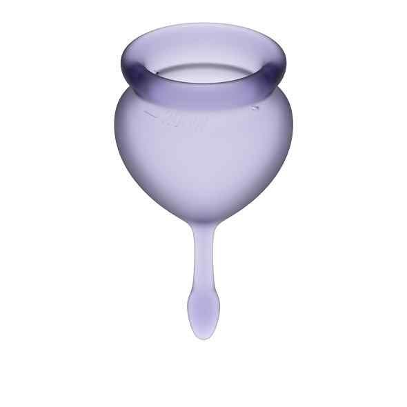 Een paarse menstruatiecup van medisch siliconen, met steel.