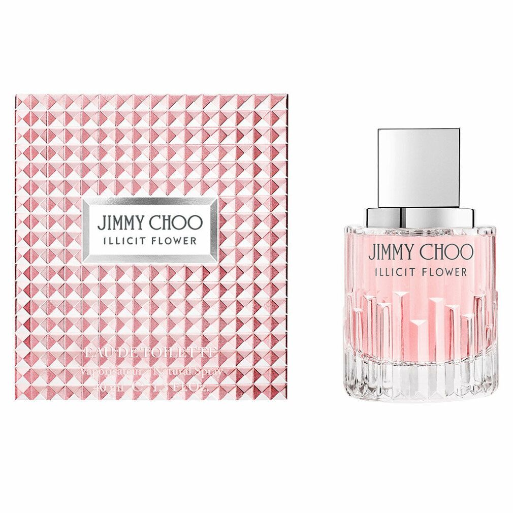 Boîte rose et flacon. Boîte avec motif géométrique. Flacon avec bouchon argenté. Inscription : JIMMY CHOO ILLICIT FLOWER.