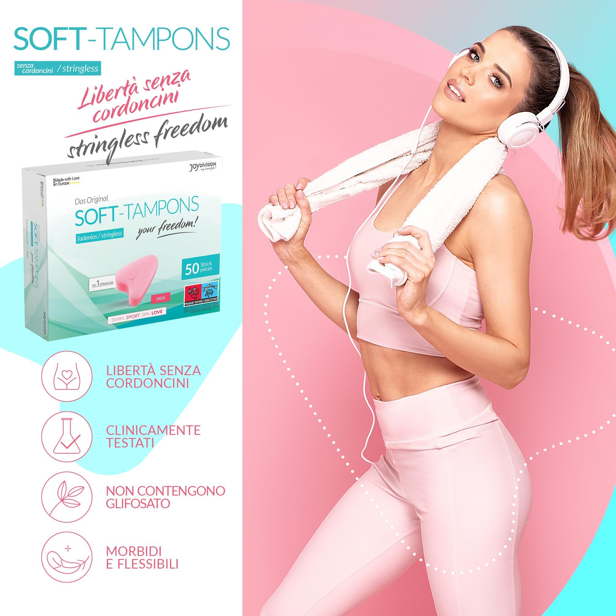 Femme en tenue de sport avec écouteurs à côté d'une boîte de Soft Tampons mini. Caractéristiques du produit.