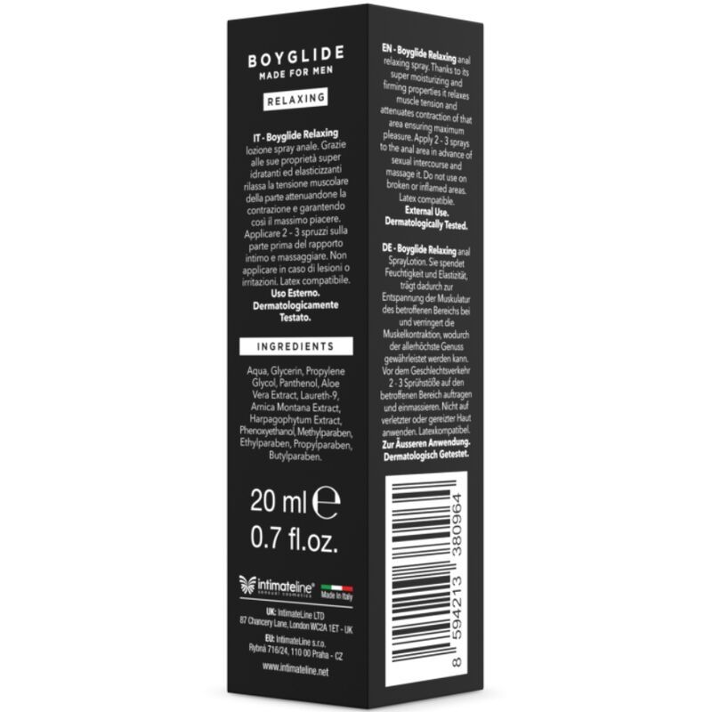 Zwarte productverpakking met tekst. Bevat ingrediënten, 20 ml, en merklogo. Dermatologisch getest.
