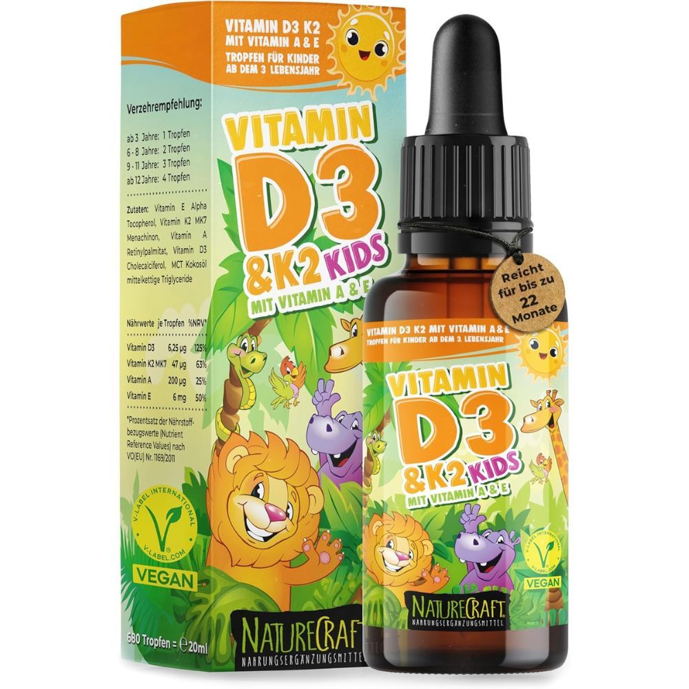 Flacon et boîte de gouttes. Inscription : Vitamine D3 & K2 KIDS. Avec vitamines A & E. Vegan. NatureCraft. Gouttes pour enfants.